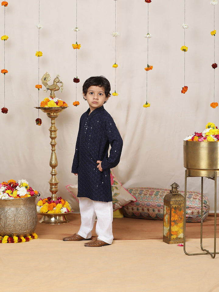 Boy's Dark Blue Sequinned Embroidered Rayon Straight Kurta with Pyjama