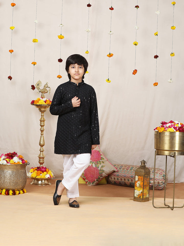 Boy's Black Sequinned Embroidered Rayon Straight Kurta