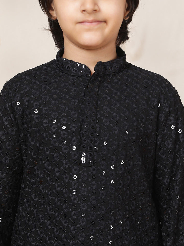 Boy's Black Sequinned Embroidered Rayon Straight Kurta