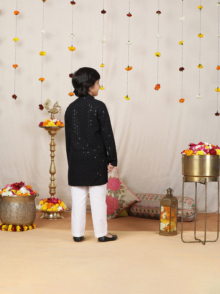 Boy's Black Sequinned Embroidered Rayon Straight Kurta with Pyjama