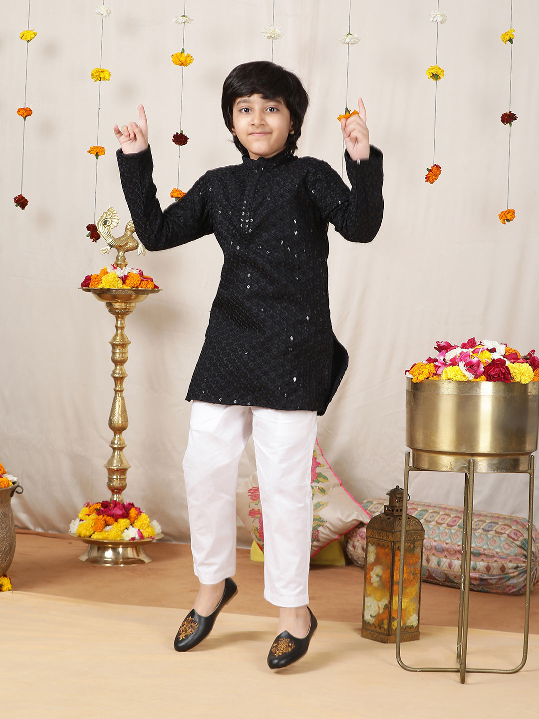 Boy's Black Sequinned Embroidered Rayon Straight Kurta with Pyjama