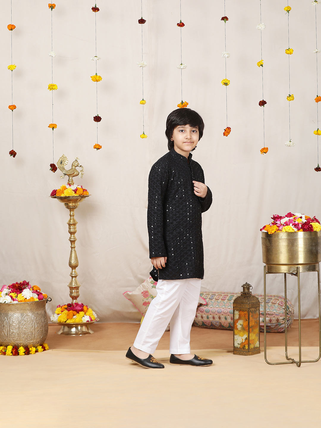 Boy's Black Sequinned Embroidered Rayon Straight Kurta with Pyjama