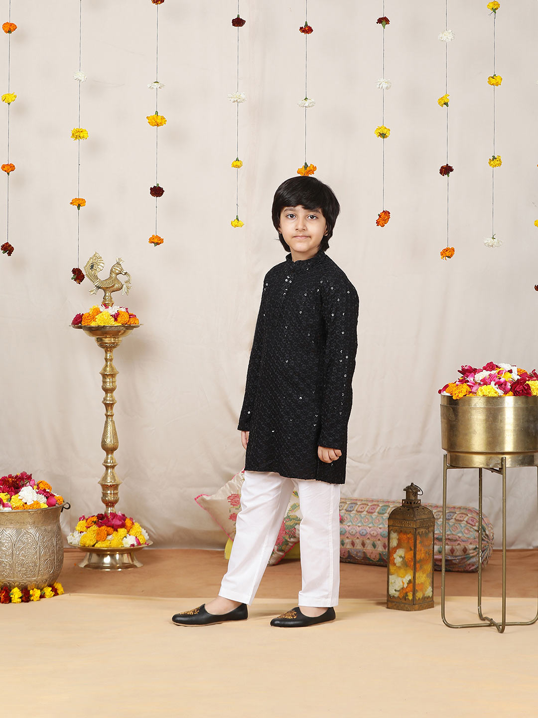 Boy's Black Sequinned Embroidered Rayon Straight Kurta