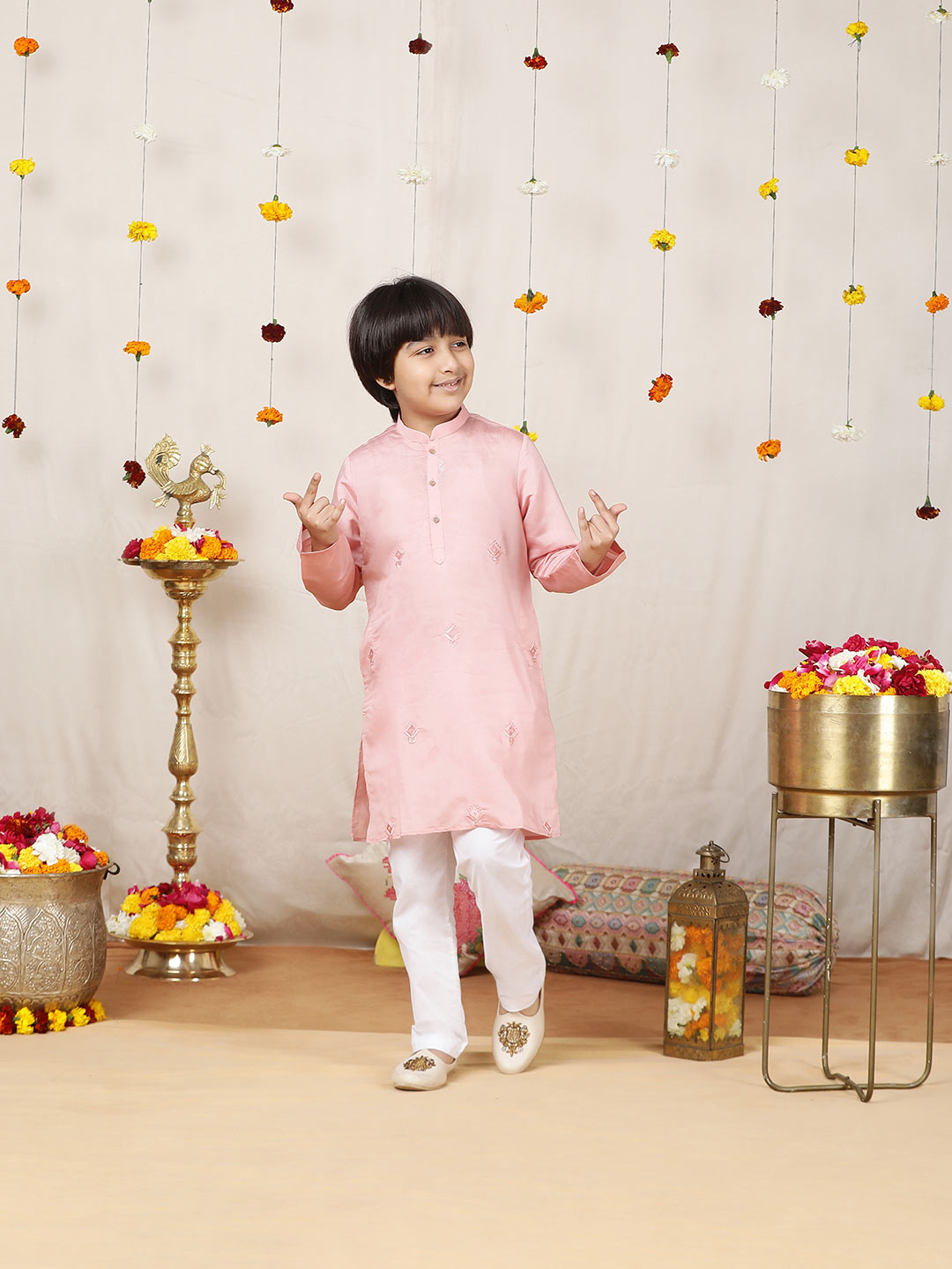 Boy's Pink Motifs Embroidered Chanderi Silk Straight Kurta