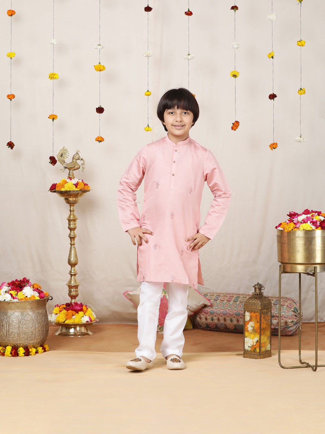 Boy's Pink Motifs Embroidered Chanderi Silk Straight Kurta