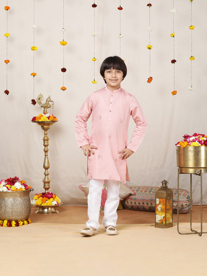 Boy's Pink Motifs Embroidered Chanderi Silk Straight Kurta