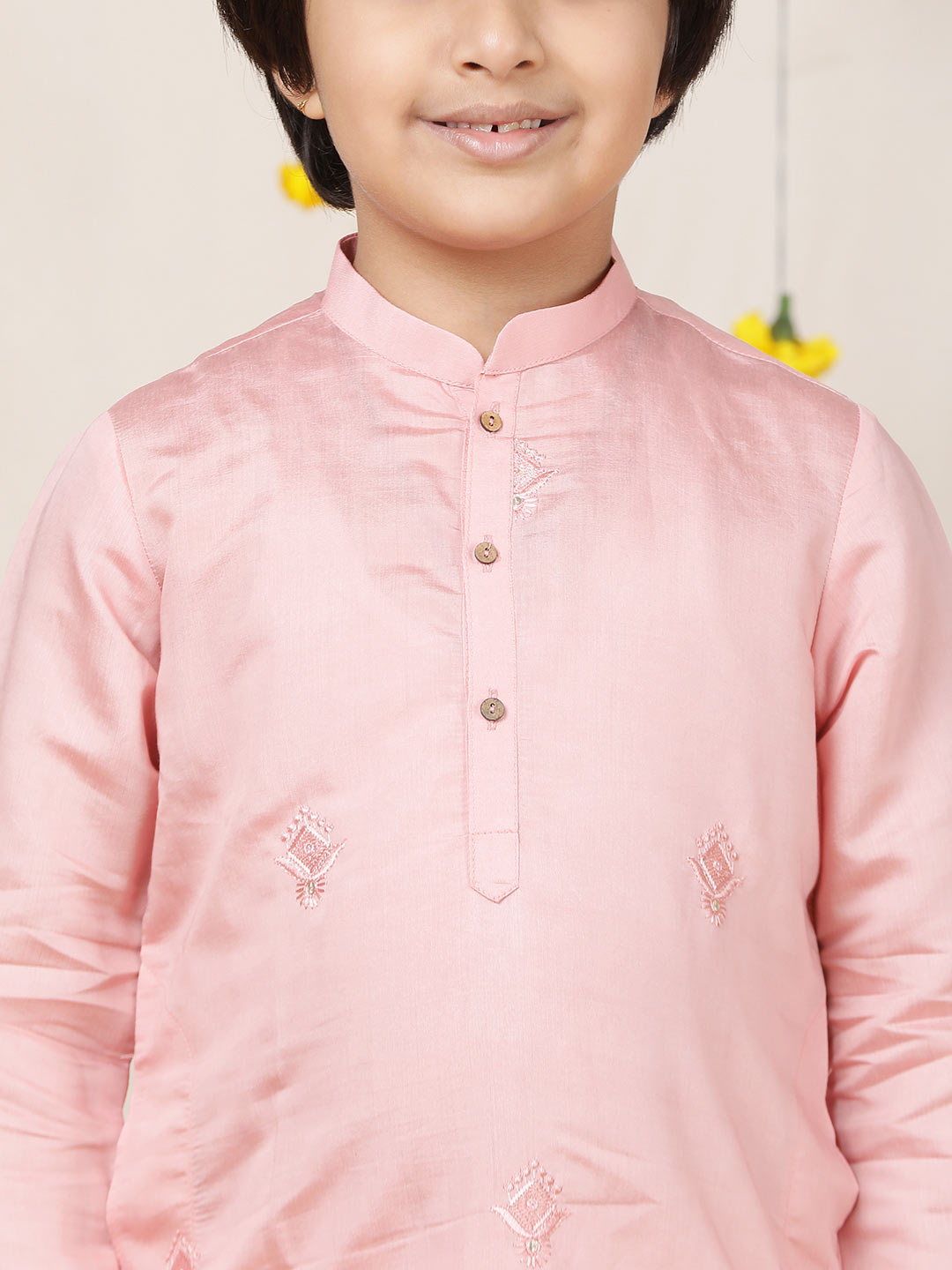 Boy's Pink Motifs Embroidered Chanderi Silk Straight Kurta