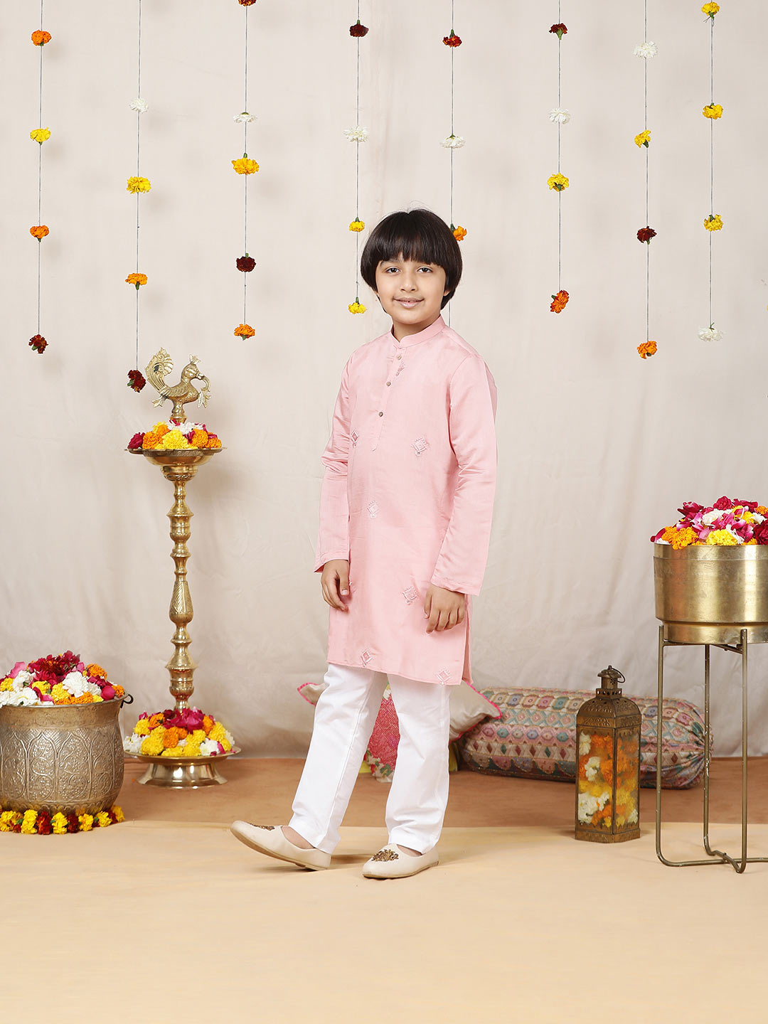 Boy's Pink Motifs Embroidered Chanderi Silk Straight Kurta