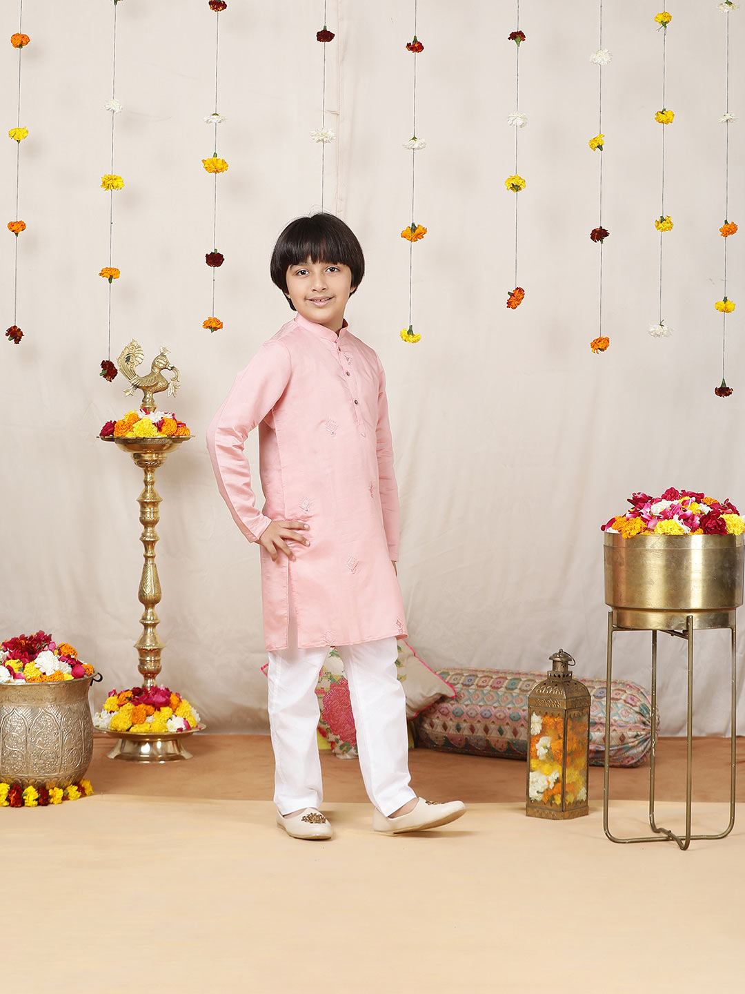 Boy's Pink Motifs Embroidered Chanderi Silk Straight Kurta