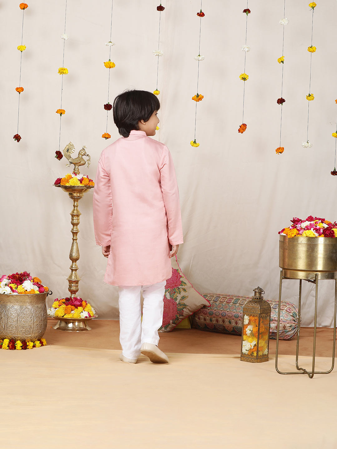 Boy's Pink Motifs Embroidered Chanderi Silk Straight Kurta