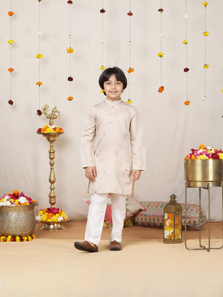 Boy's Beige Motifs Embroidered Chanderi Silk Straight Kurta with Pyjama