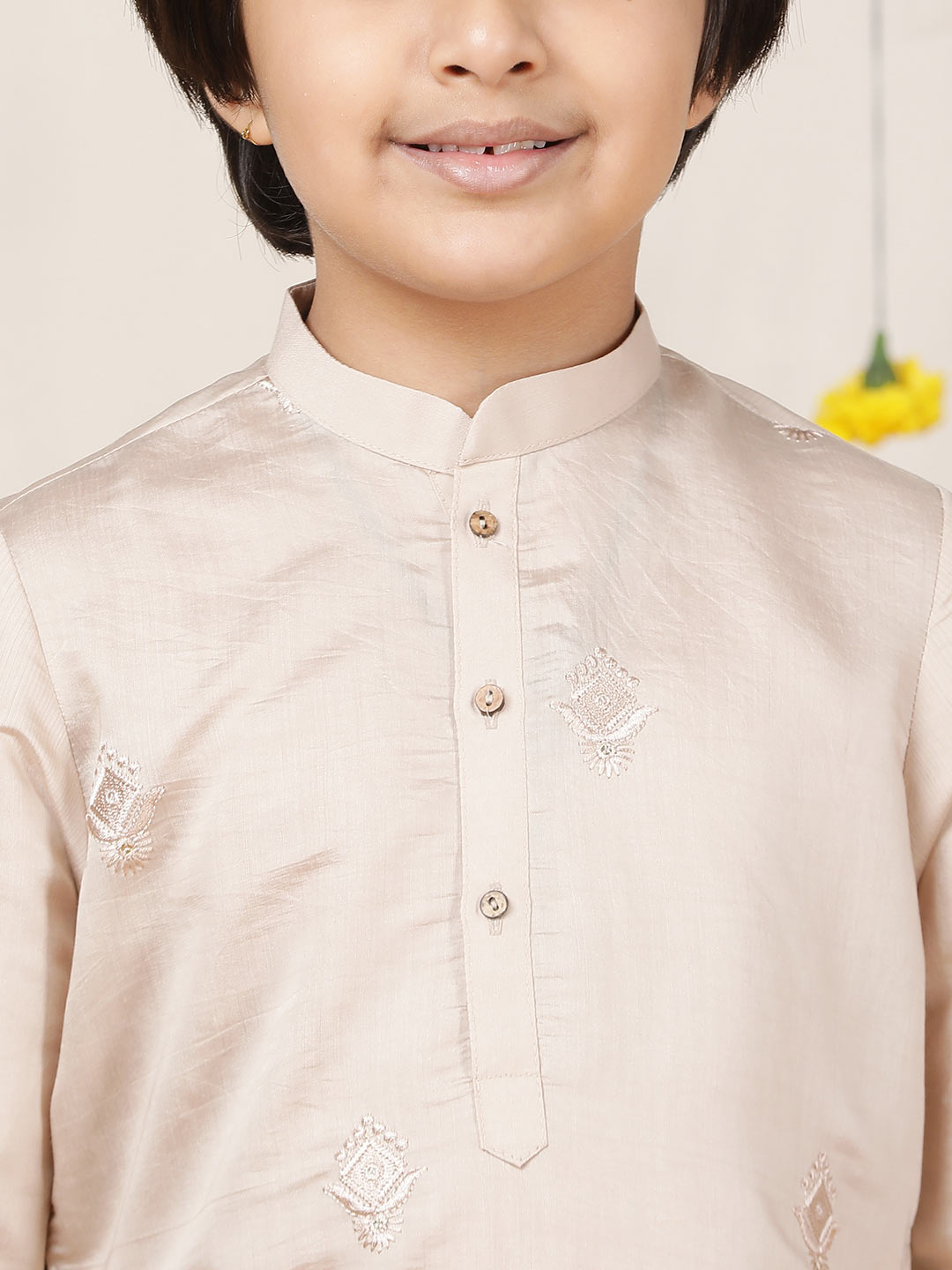 Boy's Beige Motifs Embroidered Chanderi Silk Straight Kurta with Pyjama