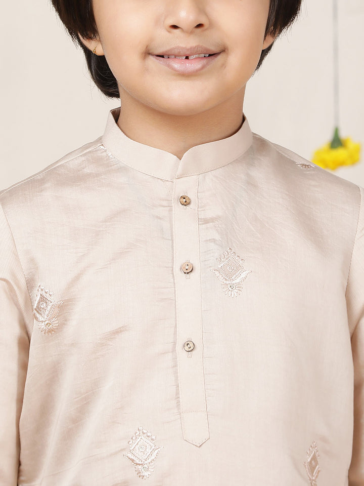 Boy's Beige Motifs Embroidered Chanderi Silk Straight Kurta