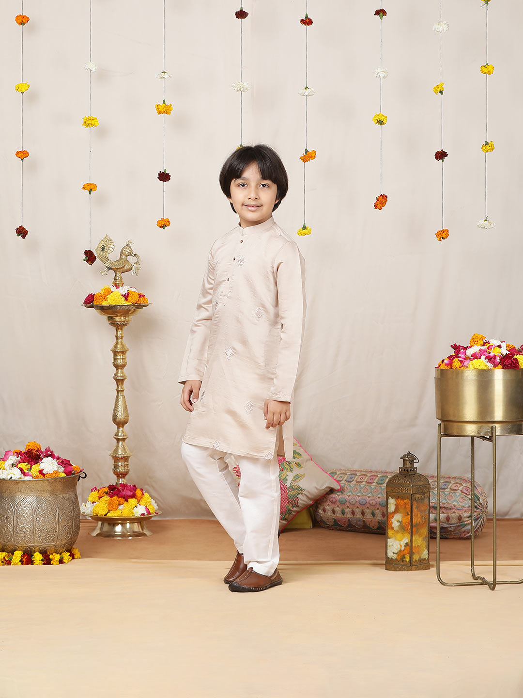 Boy's Beige Motifs Embroidered Chanderi Silk Straight Kurta