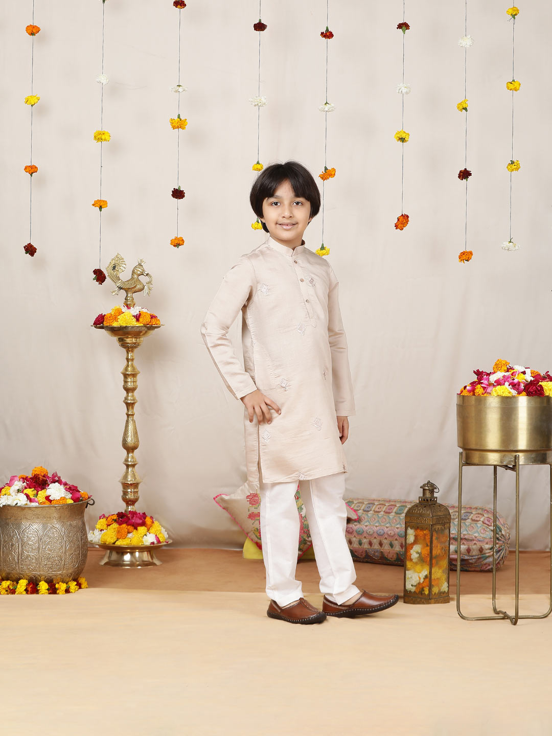 Boy's Beige Motifs Embroidered Chanderi Silk Straight Kurta with Pyjama