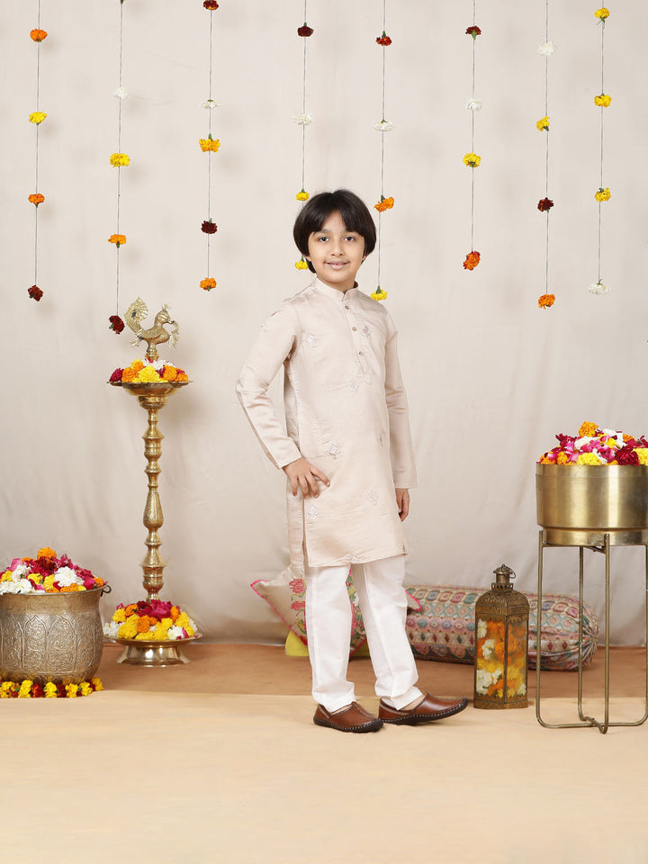 Boy's Beige Motifs Embroidered Chanderi Silk Straight Kurta