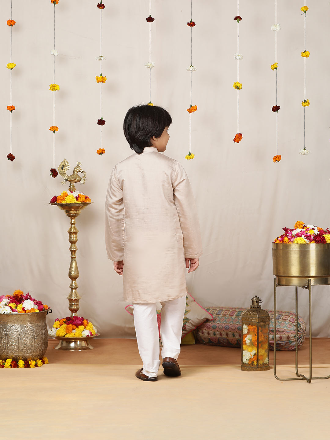 Boy's Beige Motifs Embroidered Chanderi Silk Straight Kurta