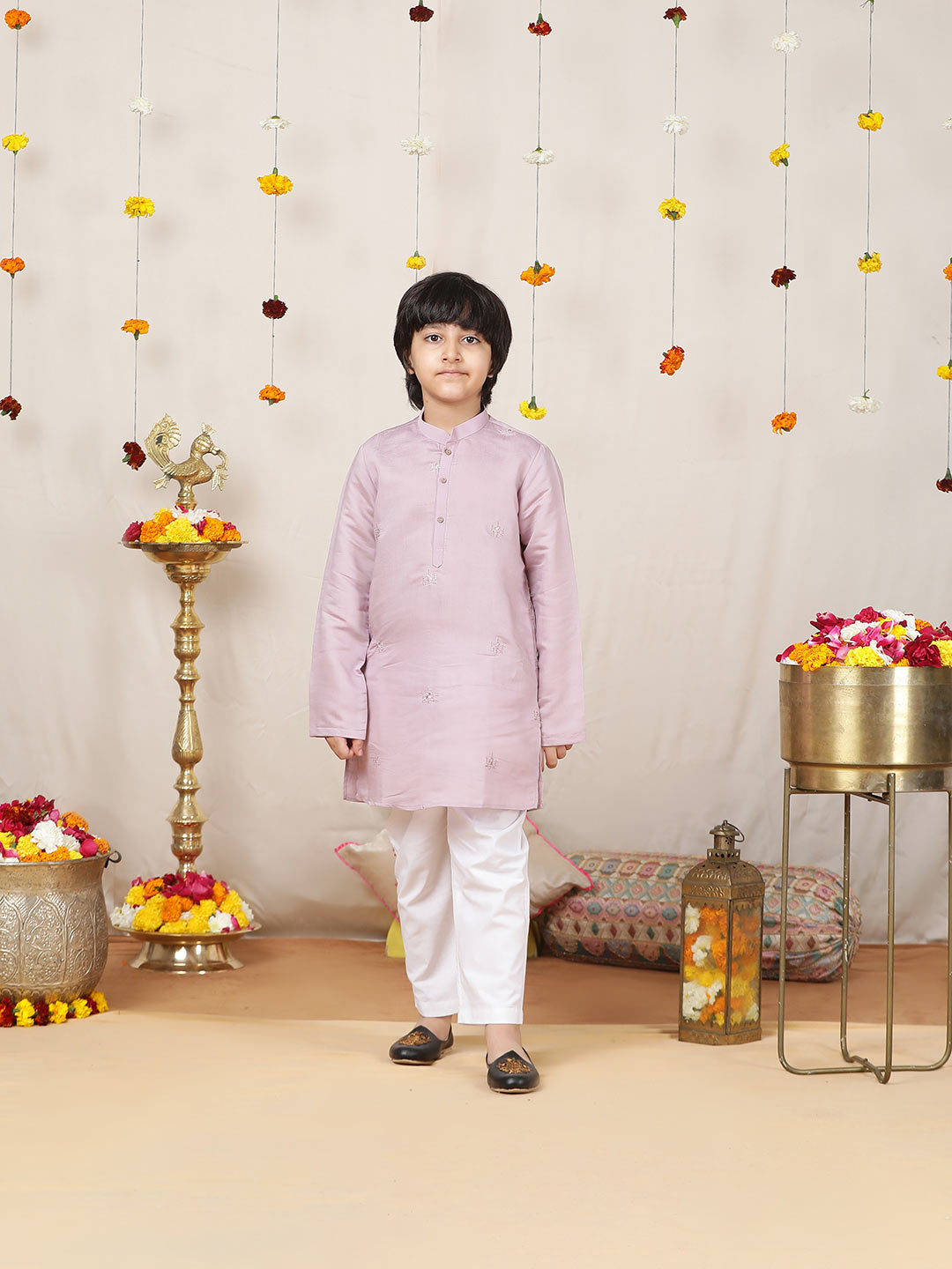 Boy's lavender Motifs Embroidered Chanderi Silk Straight Kurta