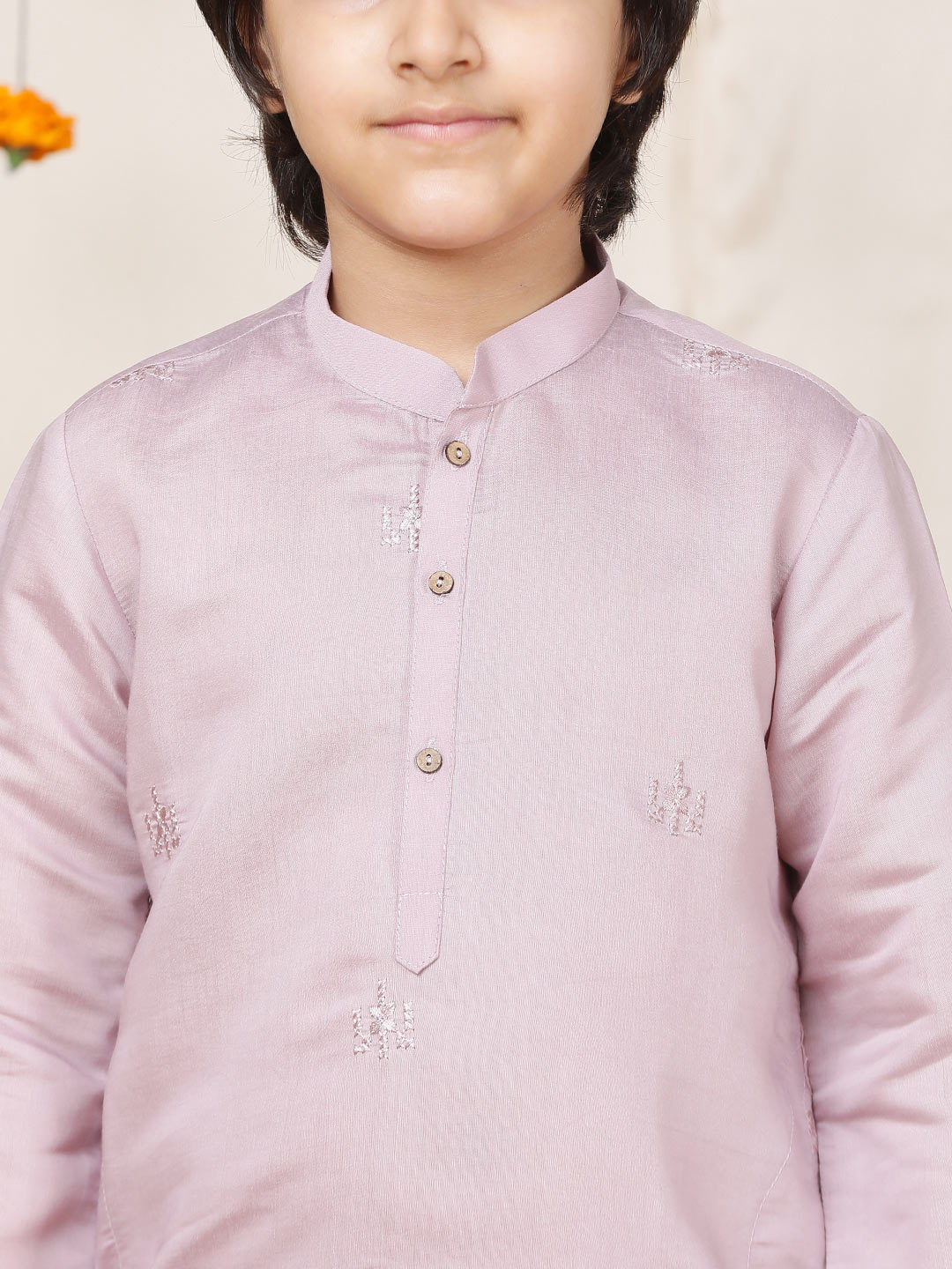 Boy's lavender Motifs Embroidered Chanderi Silk Straight Kurta