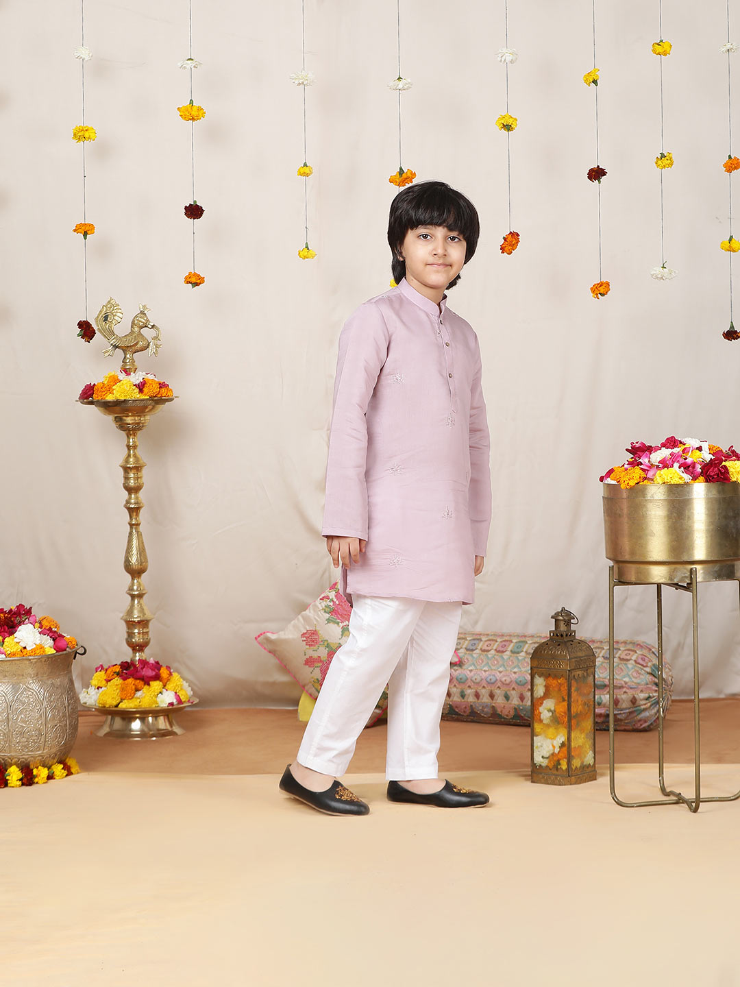 Boy's lavender Motifs Embroidered Chanderi Silk Straight Kurta