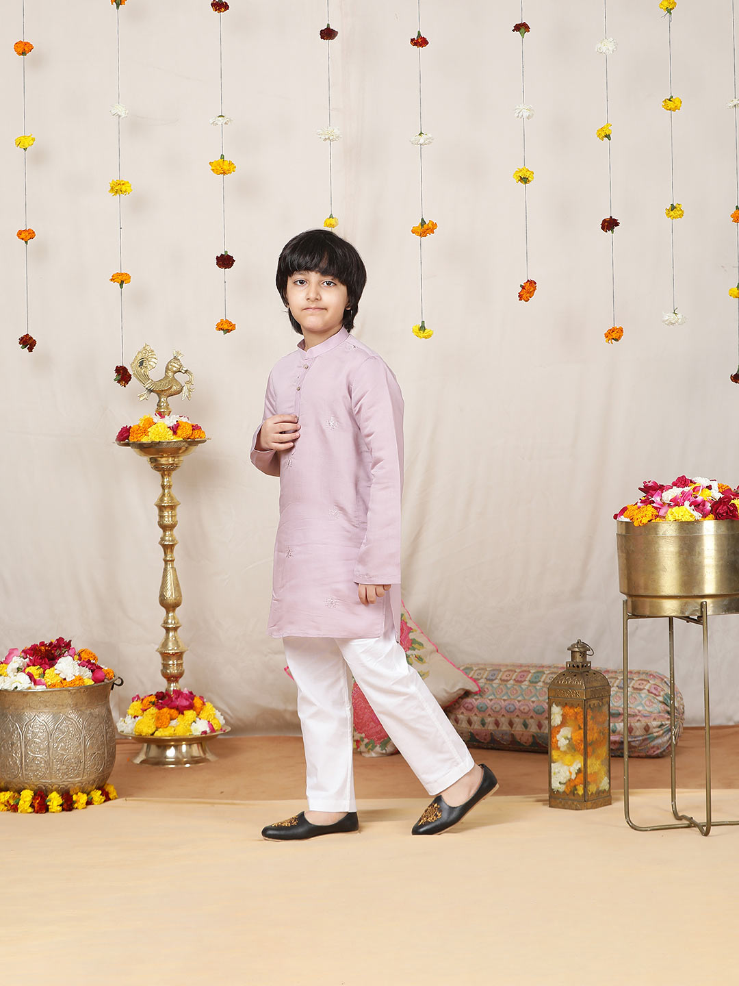 Boy's lavender Motifs Embroidered Chanderi Silk Straight Kurta