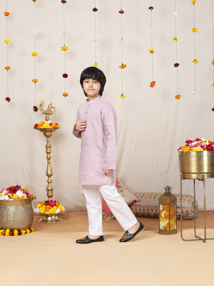 Boy's lavender Motifs Embroidered Chanderi Silk Straight Kurta with Pyjama