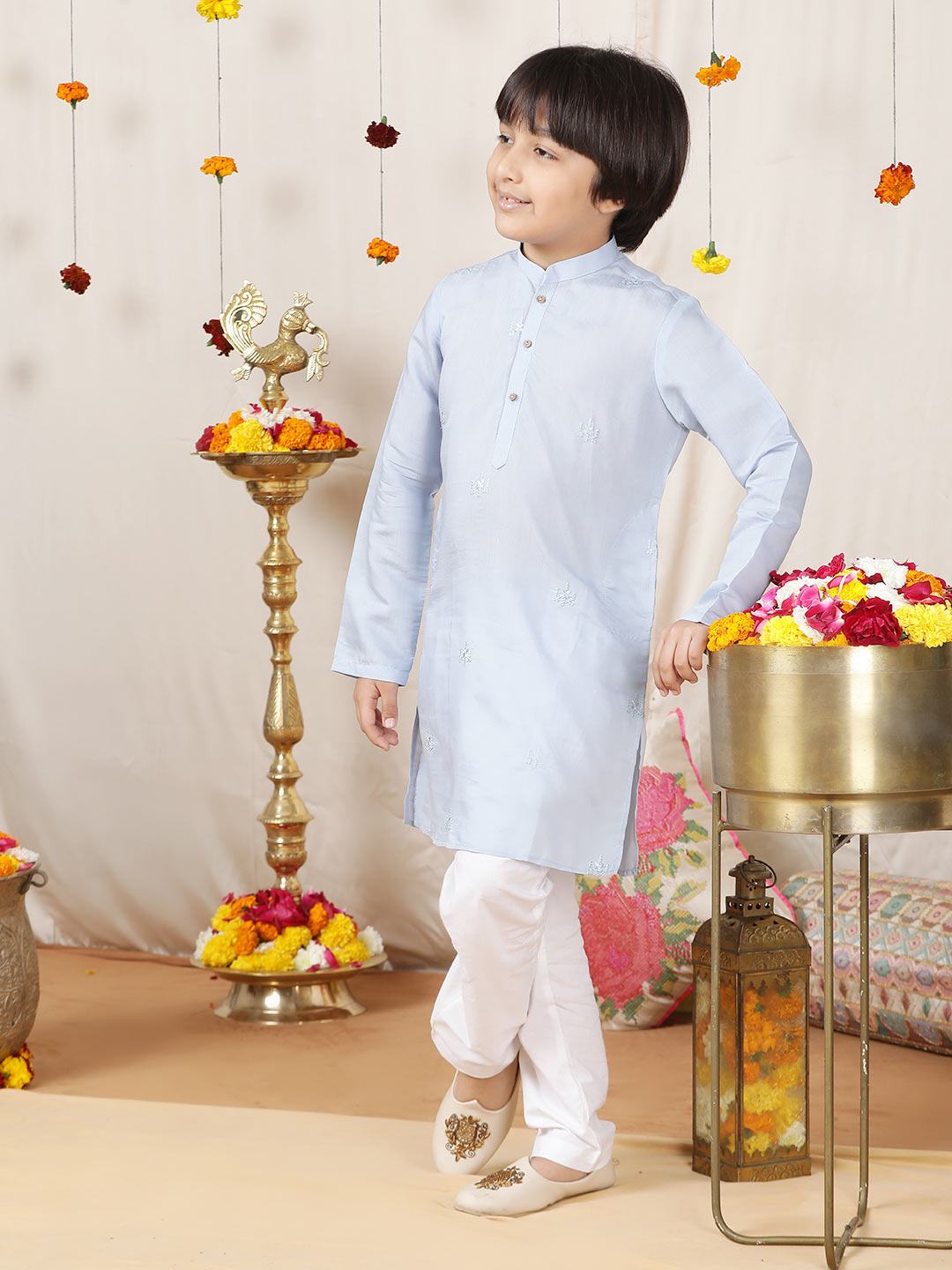 Boy's Light Blue Motifs Embroidered Chanderi Silk Straight Kurta with Pyjama