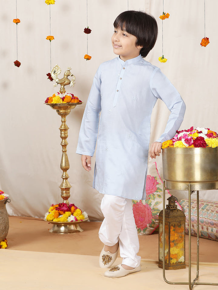 Boy's Light Blue Motifs Embroidered Chanderi Silk Straight Kurta