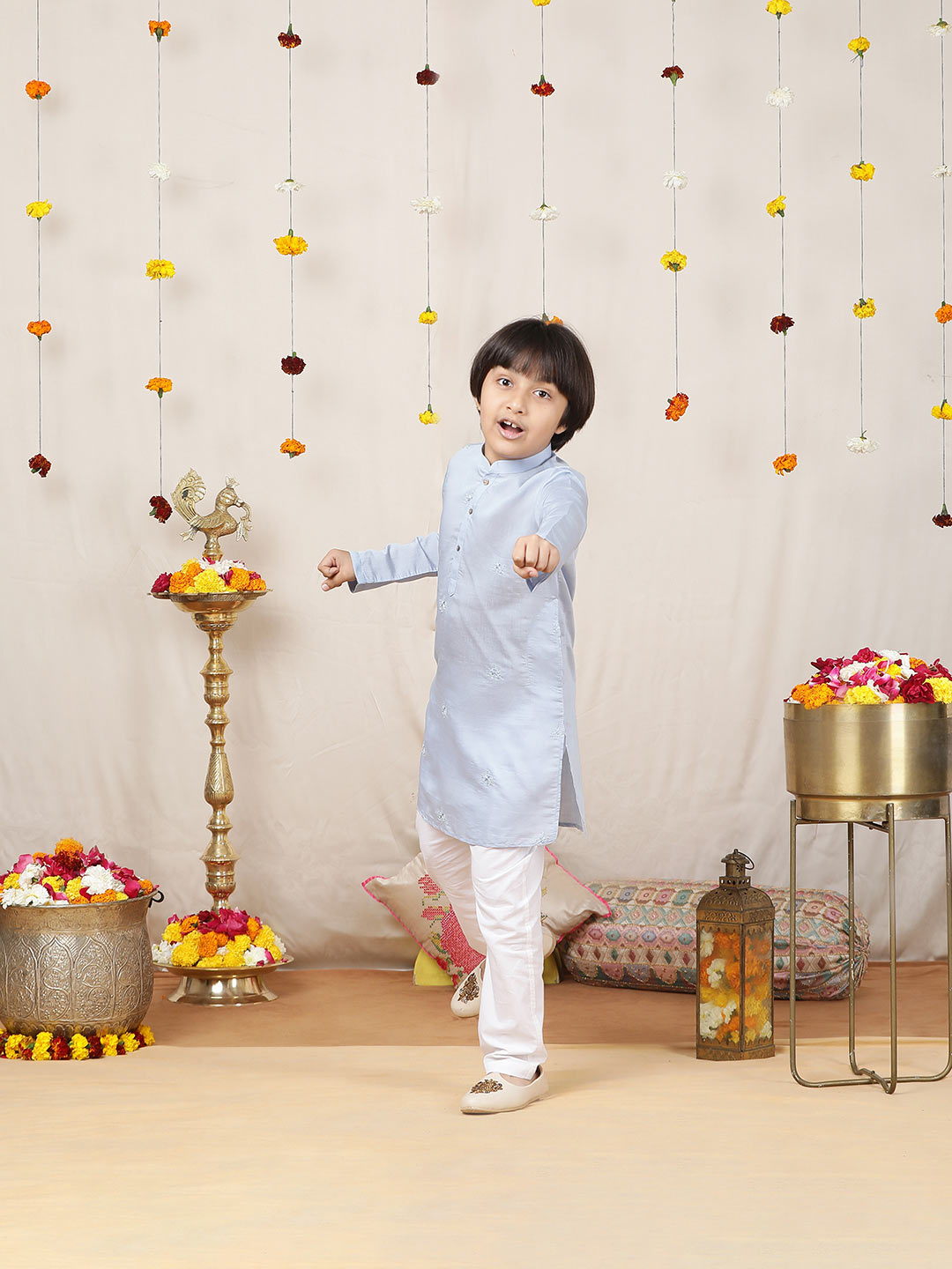 Boy's Light Blue Motifs Embroidered Chanderi Silk Straight Kurta