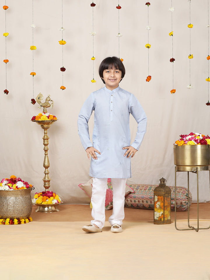 Boy's Light Blue Motifs Embroidered Chanderi Silk Straight Kurta with Pyjama