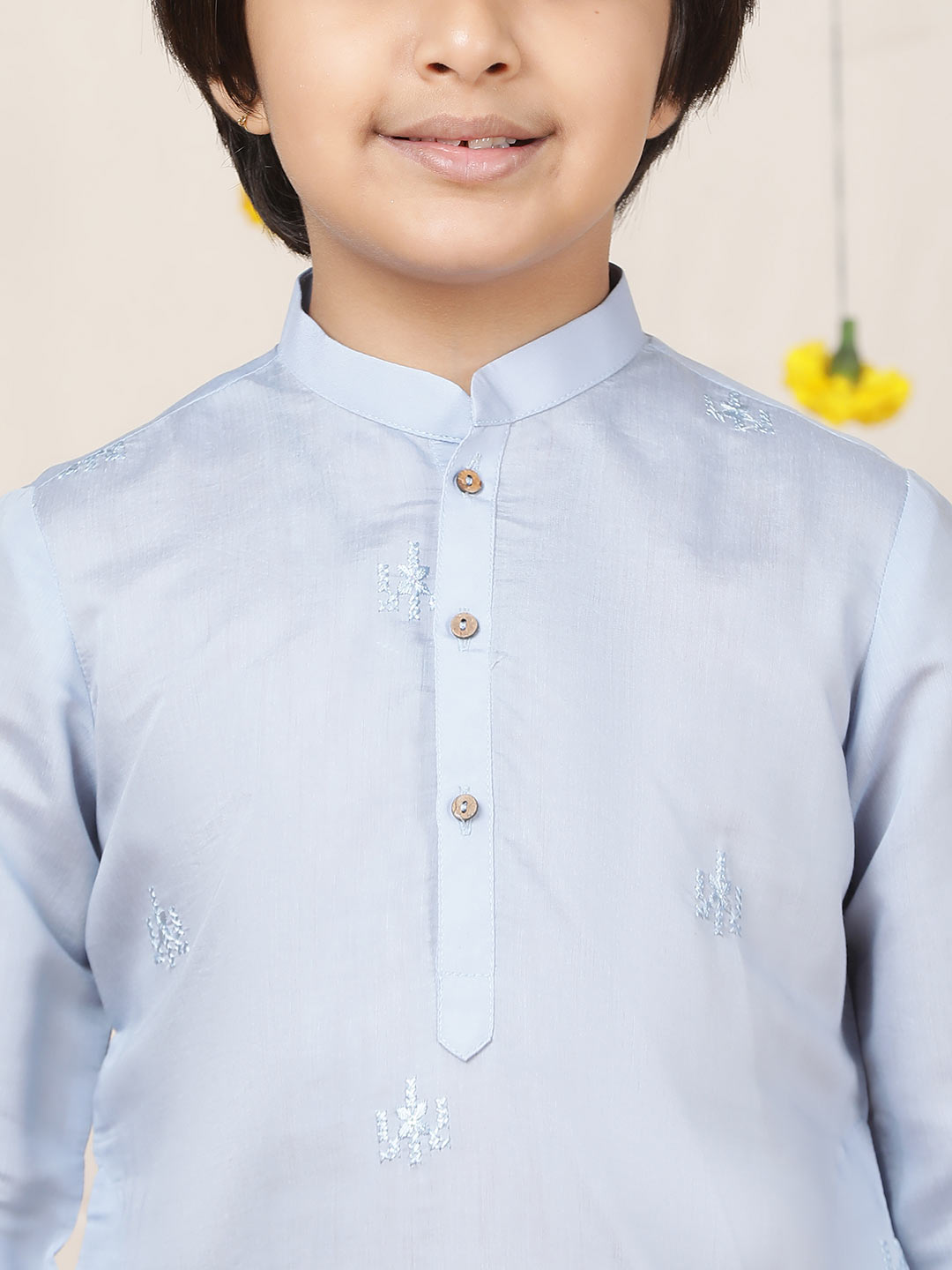 Boy's Light Blue Motifs Embroidered Chanderi Silk Straight Kurta