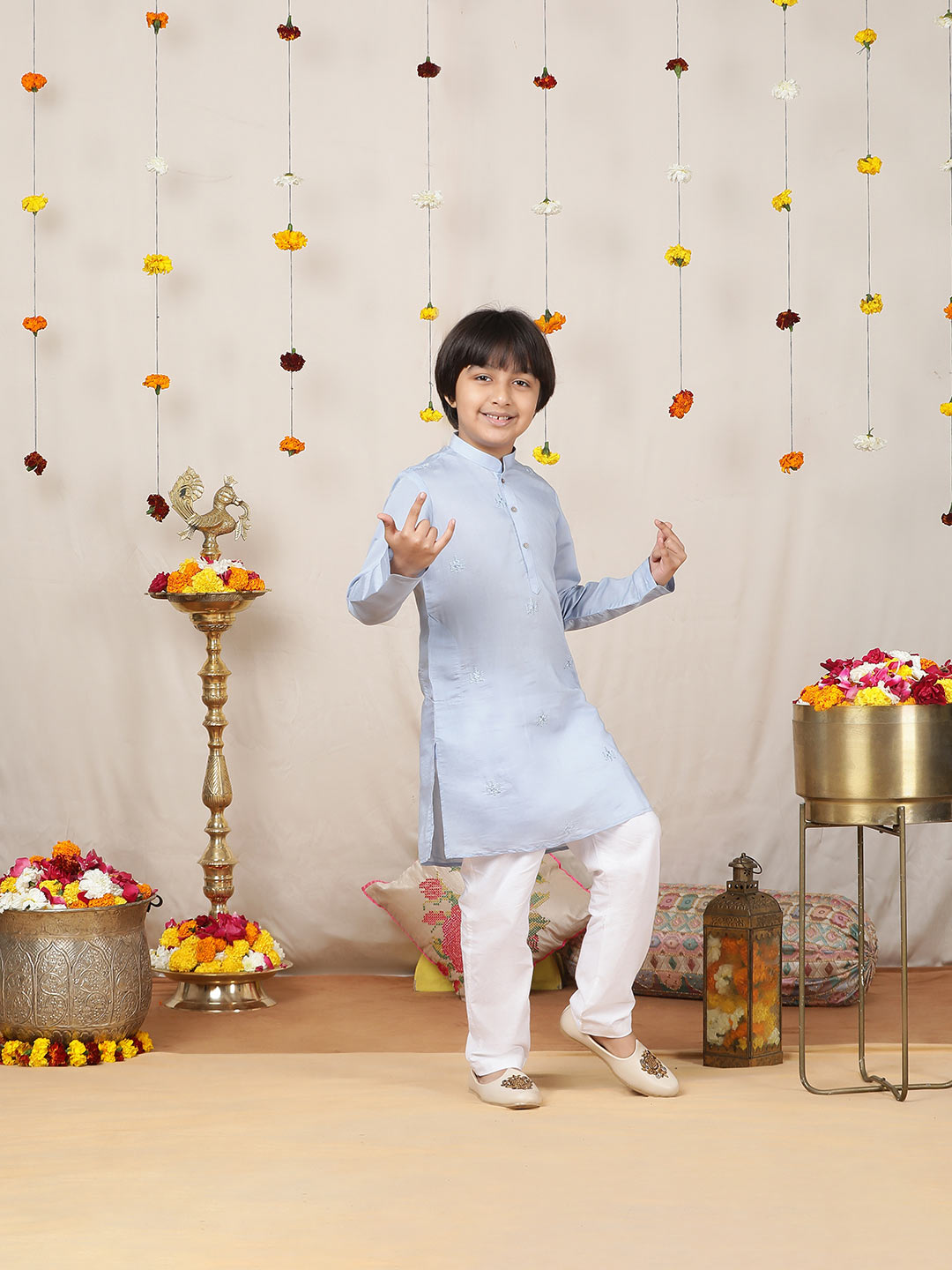 Boy's Light Blue Motifs Embroidered Chanderi Silk Straight Kurta