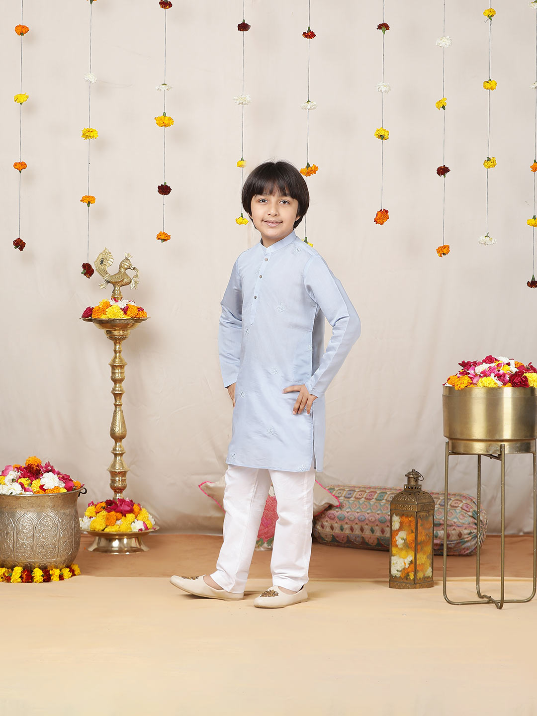 Boy's Light Blue Motifs Embroidered Chanderi Silk Straight Kurta