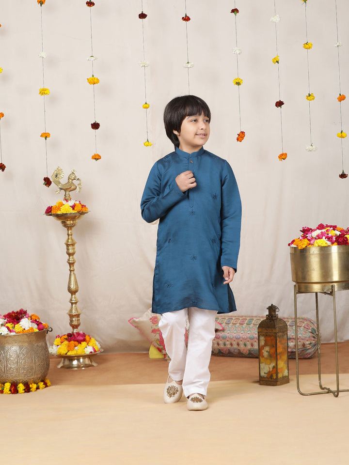 Boy's Dark Blue Motifs Embroidered Chanderi Silk Straight Kurta