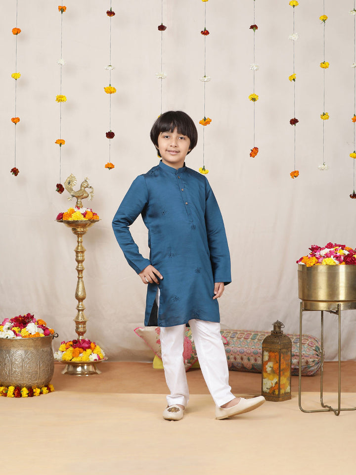 Boy's Dark Blue Motifs Embroidered Chanderi Silk Straight Kurta