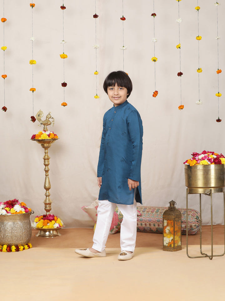 Boy's Dark Blue Motifs Embroidered Chanderi Silk Straight Kurta