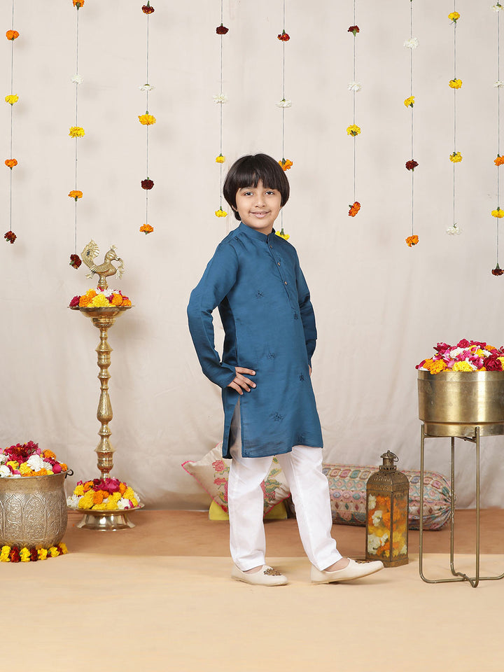 Boy's Dark Blue Motifs Embroidered Chanderi Silk Straight Kurta