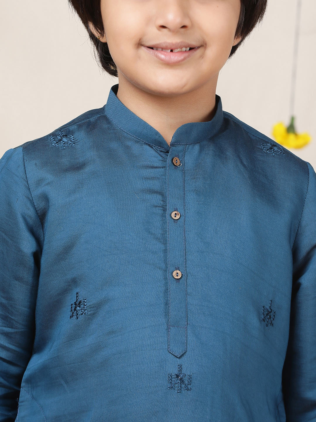 Boy's Dark Blue Motifs Embroidered Chanderi Silk Straight Kurta