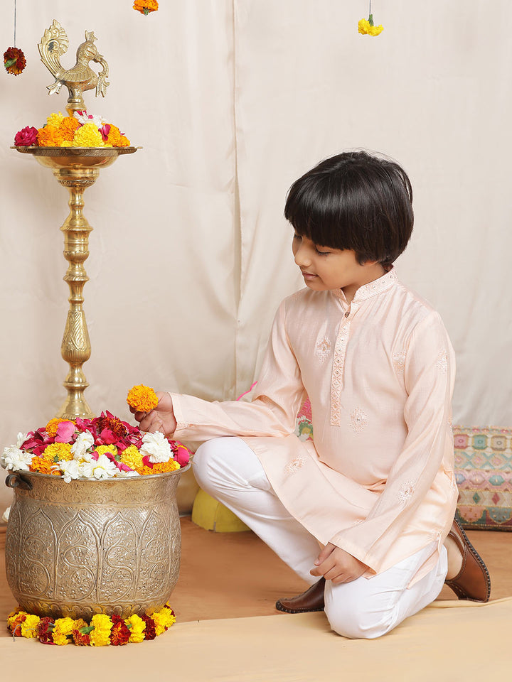 Boy's Peach Motifs Embroidered Chanderi Silk Straight Kurta with Embroidered Nack paired with Pyjama