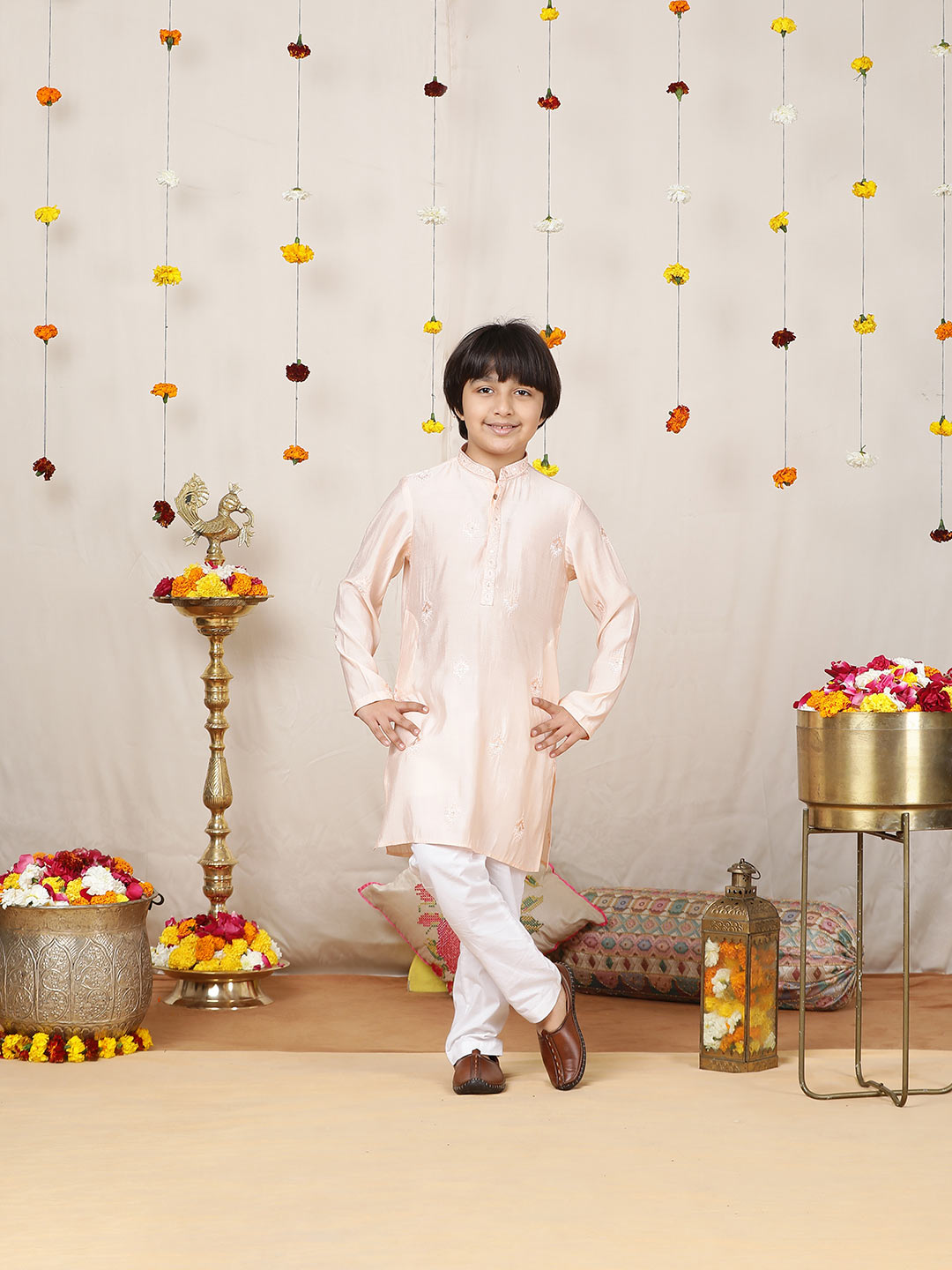 Boy's Peach Motifs Embroidered Chanderi Silk Straight Kurta with Embroidered Nack paired with Pyjama