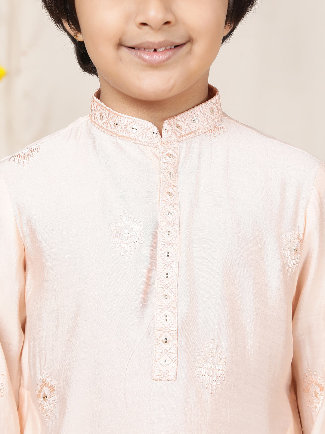 Boy's Peach Motifs Embroidered Chanderi Silk Straight Kurta with Embroidered Nack