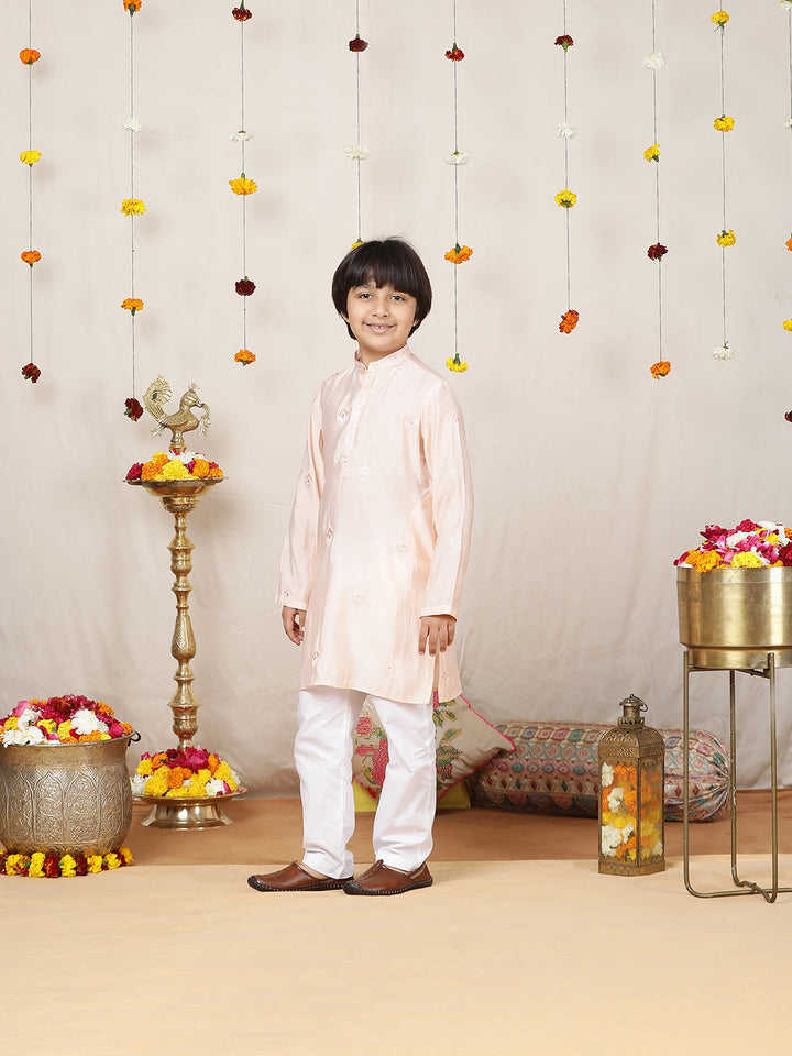 Boy's Peach Motifs Embroidered Chanderi Silk Straight Kurta with Embroidered Nack paired with Pyjama