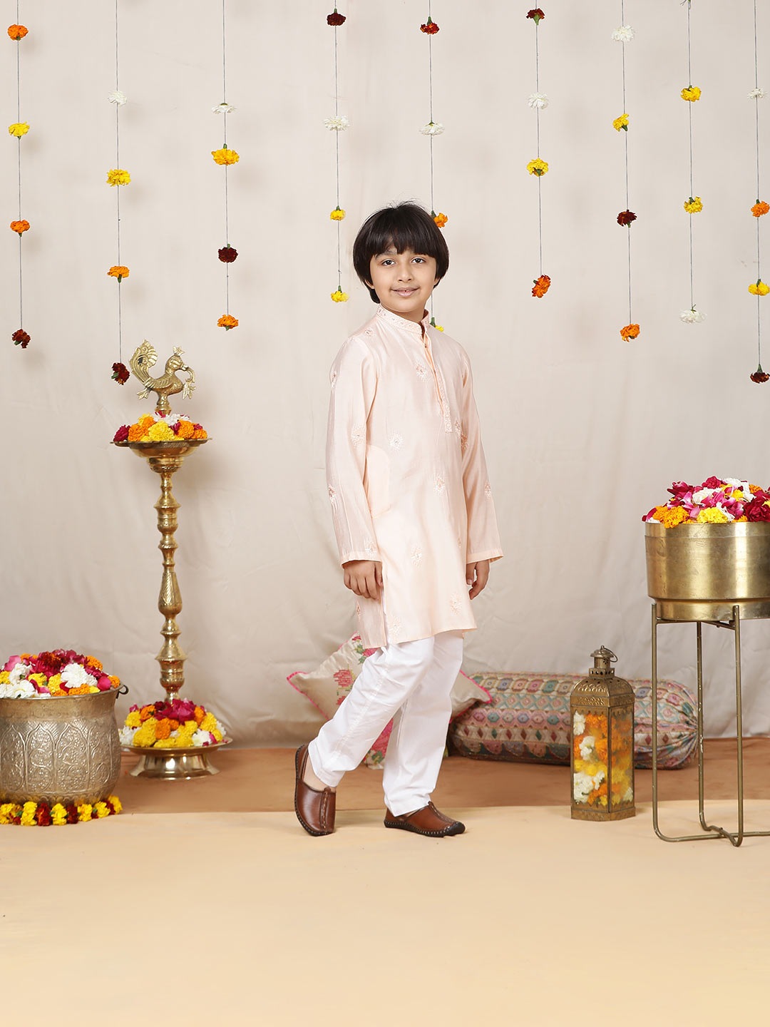 Boy's Peach Motifs Embroidered Chanderi Silk Straight Kurta with Embroidered Nack