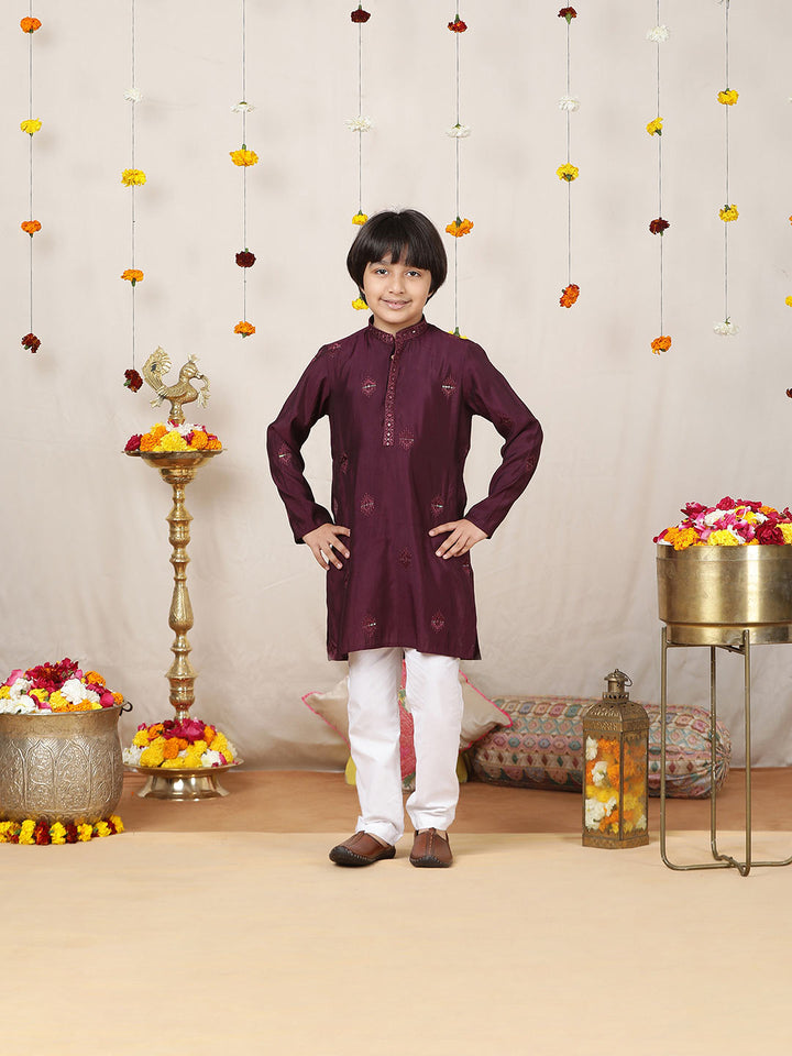 Boy's Purple Motifs Embroidered Chanderi Silk Straight Kurta with Embroidered Nack