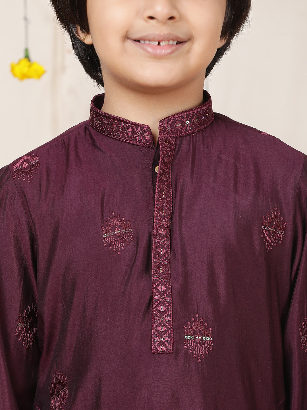 Boy's Purple Motifs Embroidered Chanderi Silk Straight Kurta with Embroidered Nack paired with Pyjama