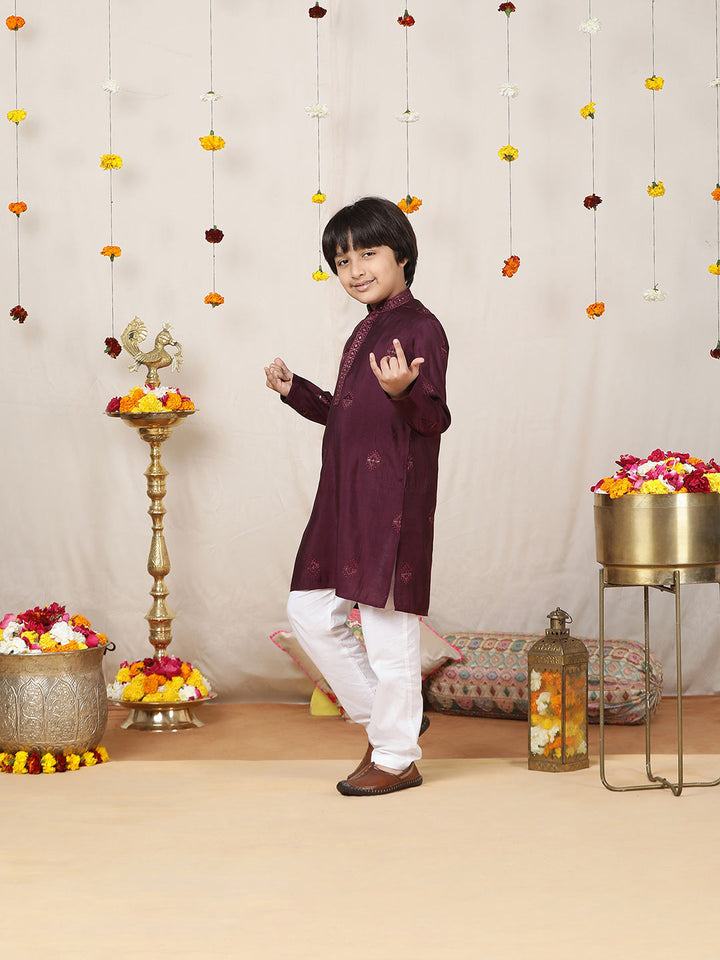 Boy's Purple Motifs Embroidered Chanderi Silk Straight Kurta with Embroidered Nack paired with Pyjama