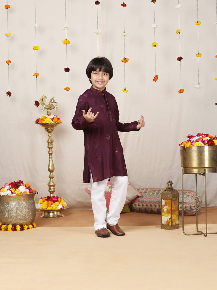 Boy's Purple Motifs Embroidered Chanderi Silk Straight Kurta with Embroidered Nack