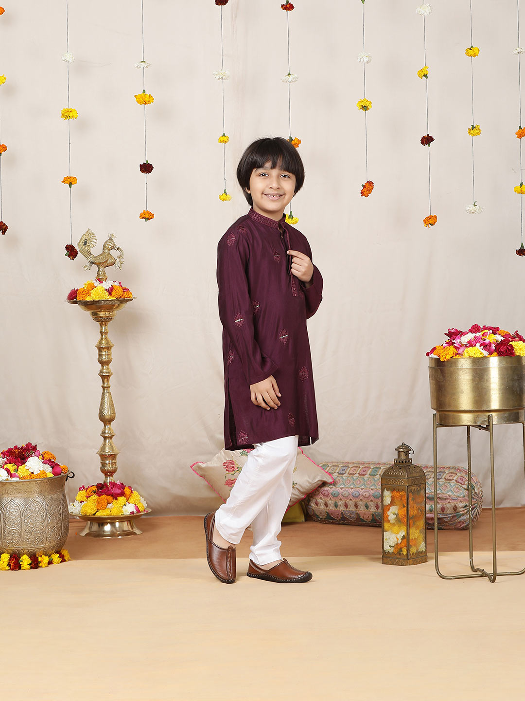 Boy's Purple Motifs Embroidered Chanderi Silk Straight Kurta with Embroidered Nack