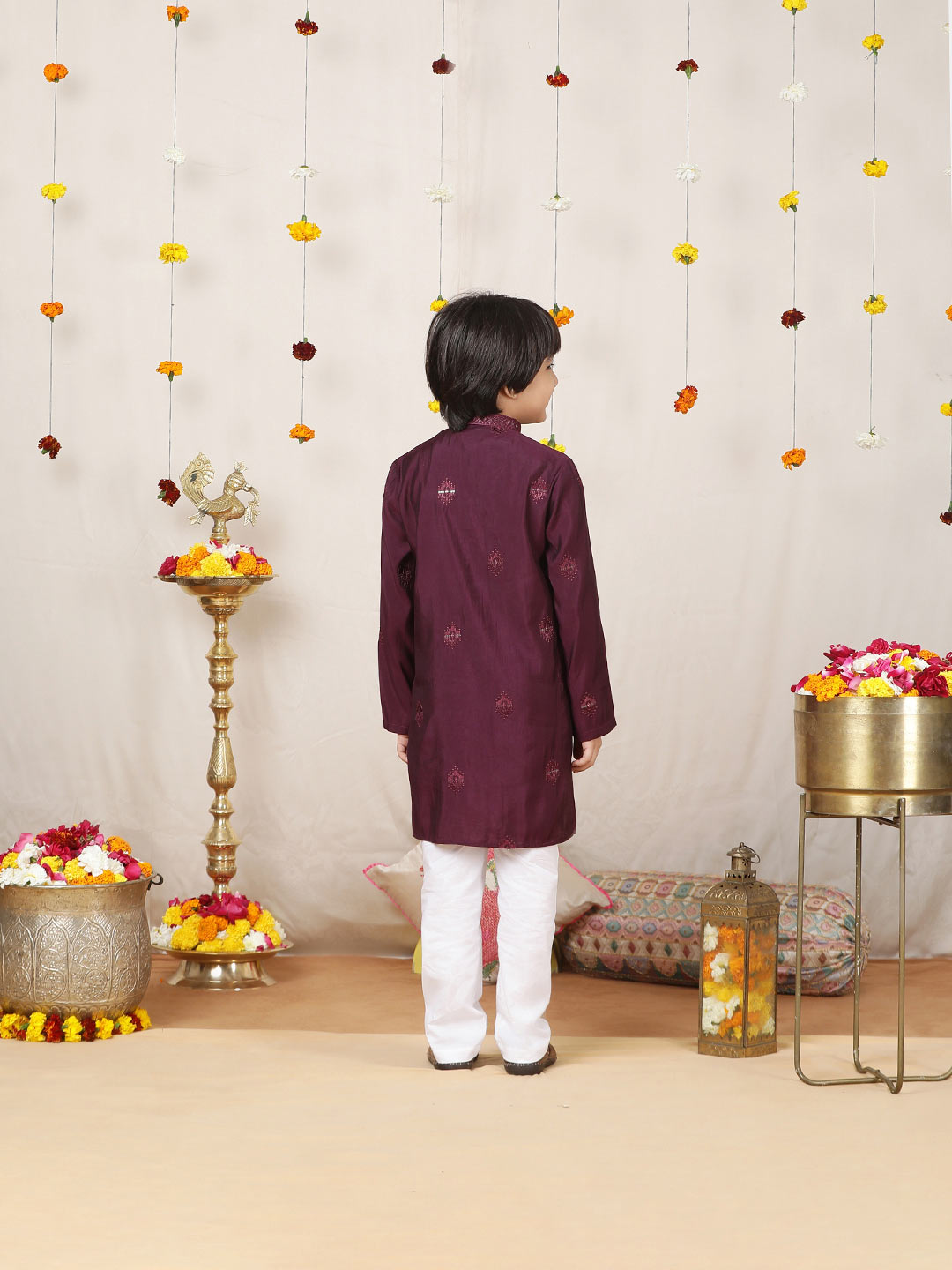 Boy's Purple Motifs Embroidered Chanderi Silk Straight Kurta with Embroidered Nack paired with Pyjama