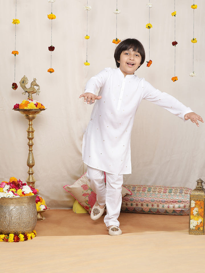 Boy's White Sequinned Motif Embroidered Rayon Straight Kurta with Pyjama